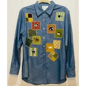 Quacker factory shirt S blue country farm animals embroidered patchwork cotton